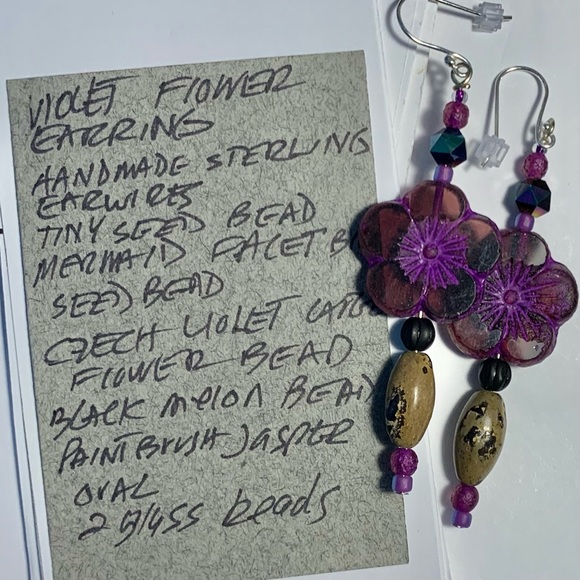 Violet Flower Carved Glass Earrings - Picture 3 of 16